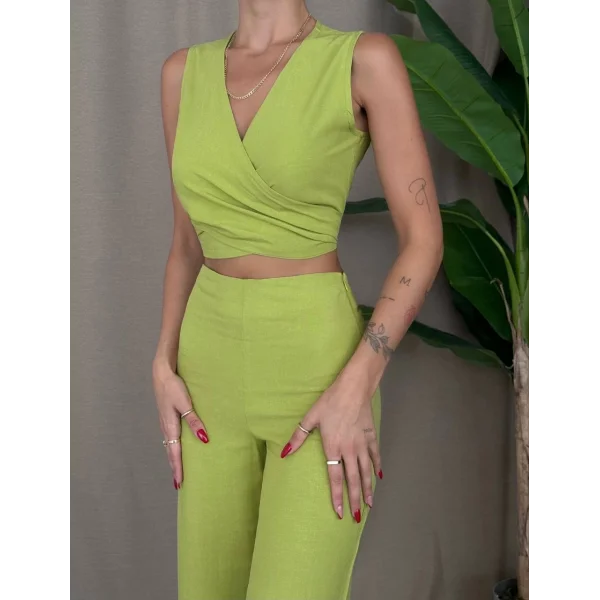 ÖNDEN BAĞLAMALI BLUZ PANTOLON KETEN TAKIM KİVİ