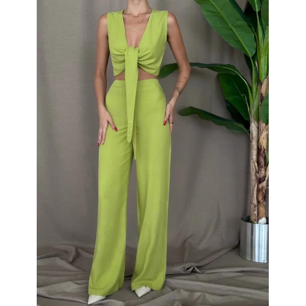 ÖNDEN BAĞLAMALI BLUZ PANTOLON KETEN TAKIM KİVİ