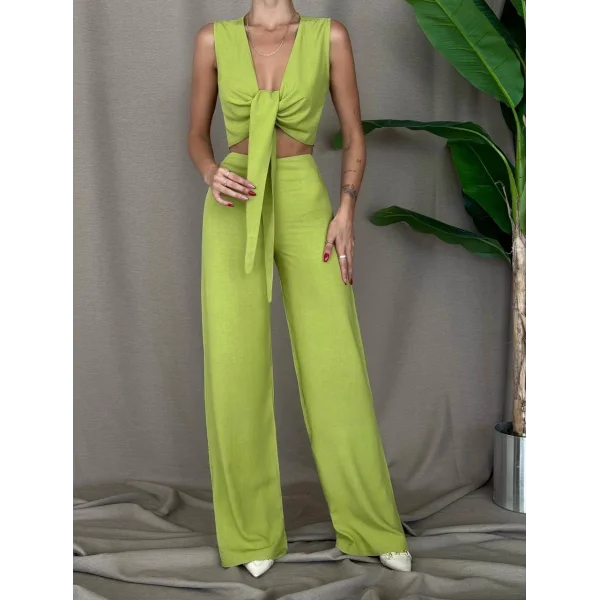 ÖNDEN BAĞLAMALI BLUZ PANTOLON KETEN TAKIM KİVİ