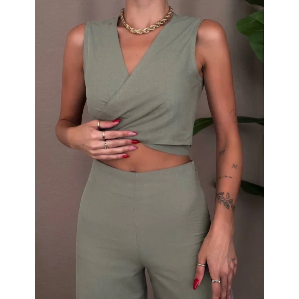 ÖNDEN BAĞLAMALI KETEN BLUZ PANTOLON TAKIM HAKİ