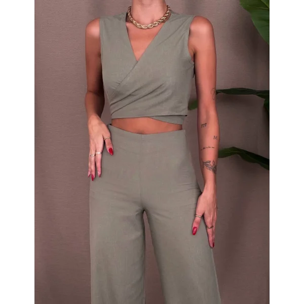 ÖNDEN BAĞLAMALI KETEN BLUZ PANTOLON TAKIM HAKİ