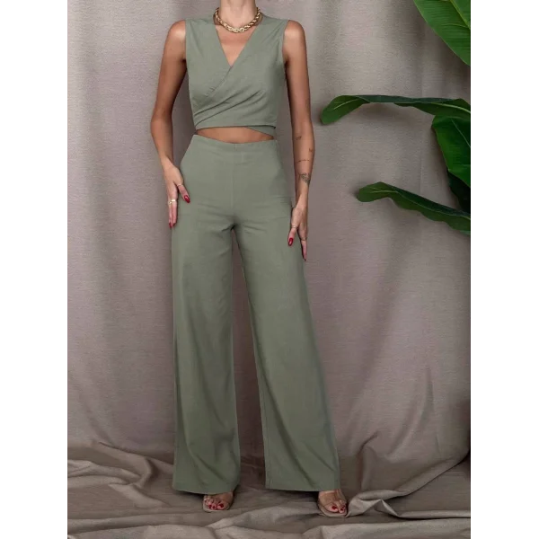 ÖNDEN BAĞLAMALI KETEN BLUZ PANTOLON TAKIM HAKİ