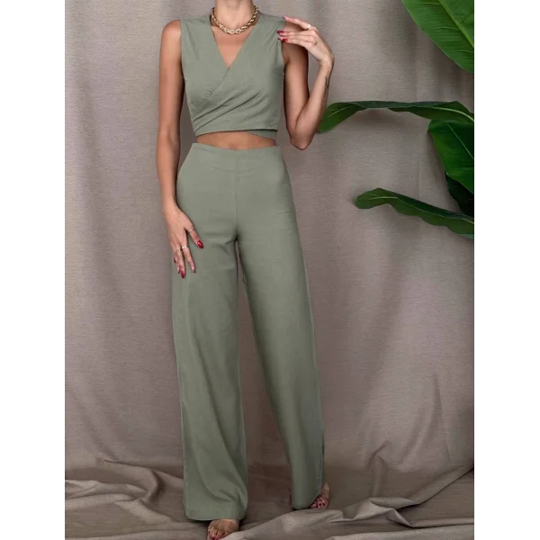 ÖNDEN BAĞLAMALI KETEN BLUZ PANTOLON TAKIM HAKİ