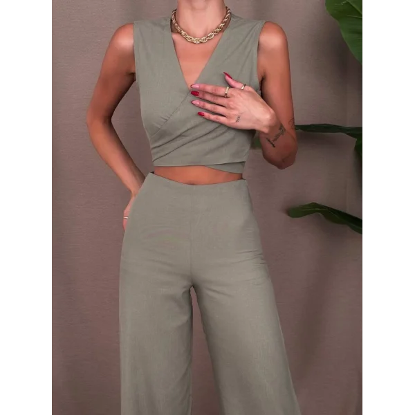 ÖNDEN BAĞLAMALI KETEN BLUZ PANTOLON TAKIM HAKİ