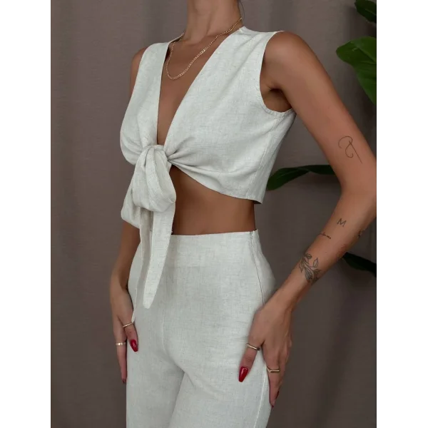 ÖNDEN BAĞLAMALI BLUZ PANTOLON KETEN TAKIM EKRU