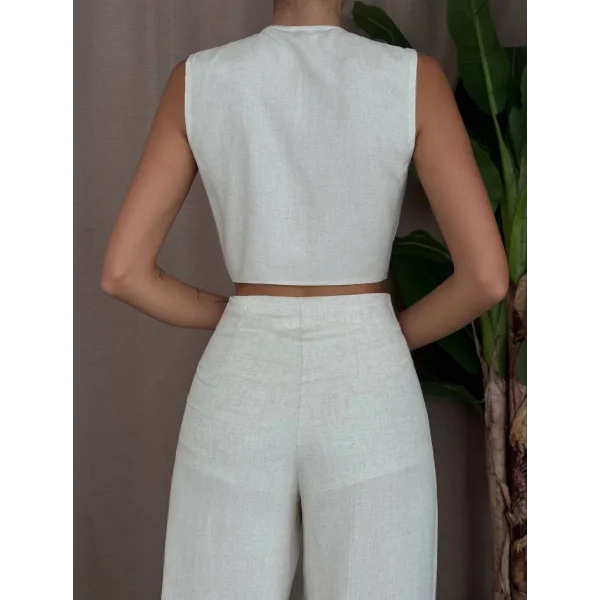 ÖNDEN BAĞLAMALI BLUZ PANTOLON KETEN TAKIM EKRU