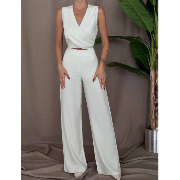 ÖNDEN BAĞLAMALI BLUZ PANTOLON KETEN TAKIM EKRU