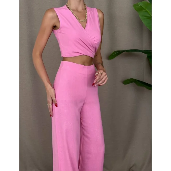 ÖNDEN BAĞLAMALI KETEN BLUZ PANTOLON TAKIM PEMBE