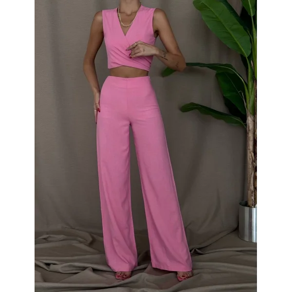 ÖNDEN BAĞLAMALI KETEN BLUZ PANTOLON TAKIM PEMBE