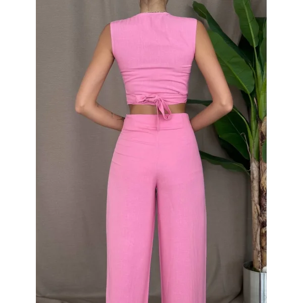 ÖNDEN BAĞLAMALI KETEN BLUZ PANTOLON TAKIM PEMBE