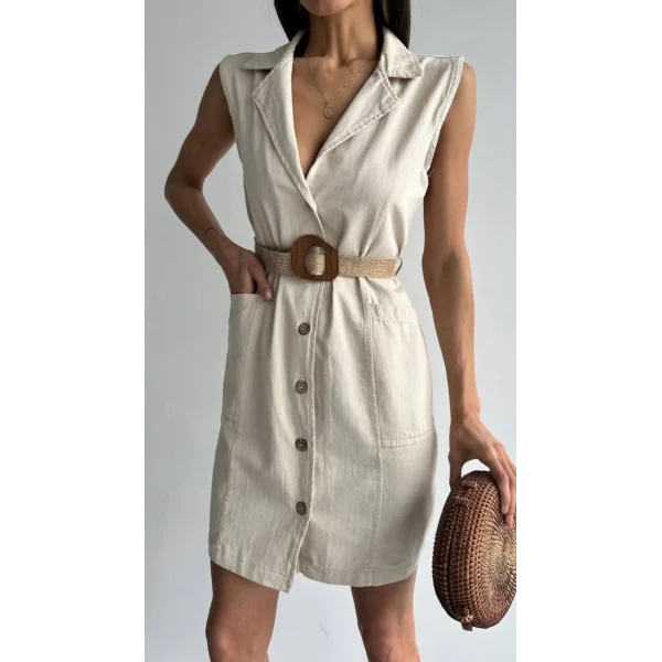 KEMERLİ KOLSUZ KETEN ELBİSE EKRU