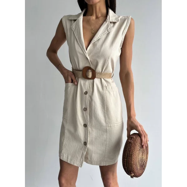 KEMERLİ KOLSUZ KETEN ELBİSE EKRU