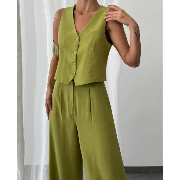 KETEN YELEK PANTOLON TAKIM KİVİ