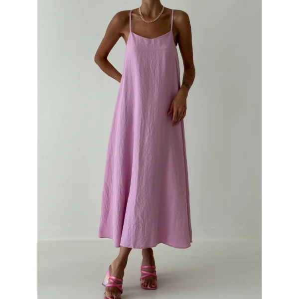 İNCE ASKILI UZUN PEMBE KETEN ELBİSE