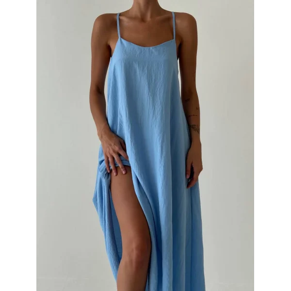 İNCE ASKILI UZUN MAVİ KETEN ELBİSE