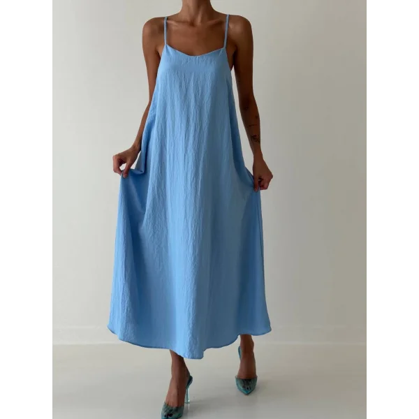 İNCE ASKILI UZUN MAVİ KETEN ELBİSE
