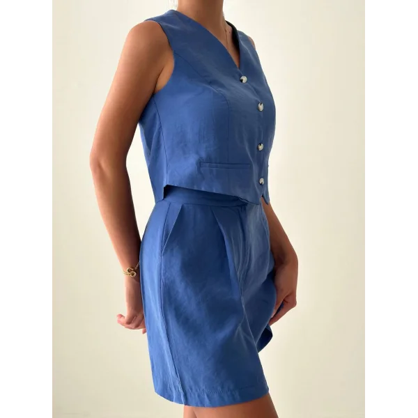 EXEN MODAL KUMAŞ ŞORT YELEK TAKIM İNDİGO