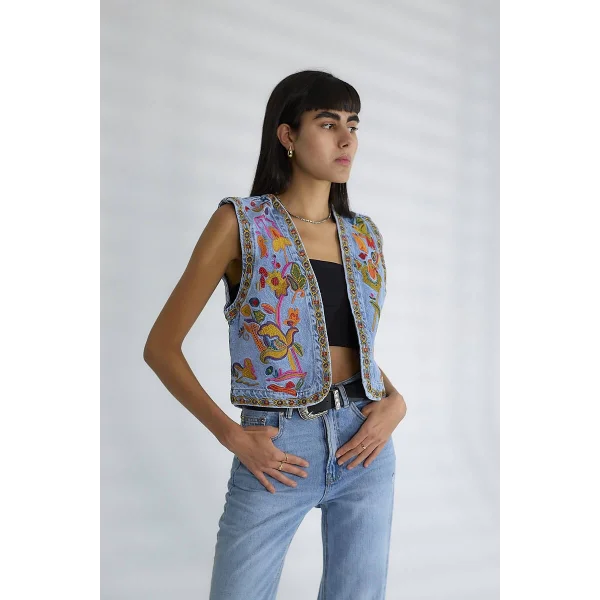ETNİK DESENLİ DENİM YELEK
