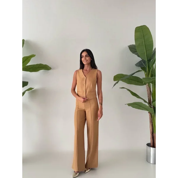 PREMİUM YÜN EFEKT KUMAŞ YELEK PANTOLON TAKIM VİZON