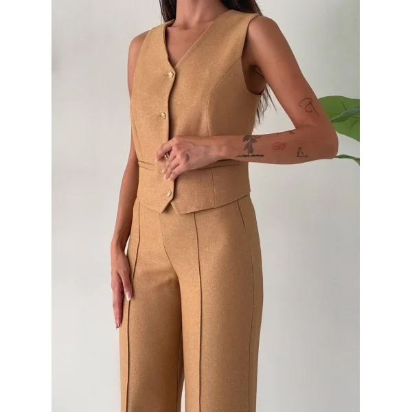 PREMİUM YÜN EFEKT KUMAŞ YELEK PANTOLON TAKIM VİZON