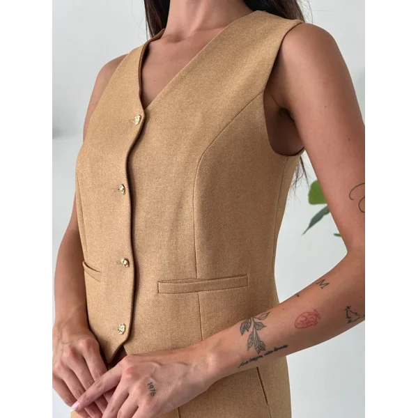 PREMİUM YÜN EFEKT KUMAŞ YELEK PANTOLON TAKIM VİZON