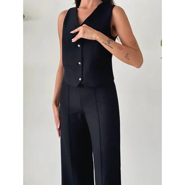 PREMİUM YÜN EFEKT KUMAŞ YELEK PANTOLON TAKIM SİYAH