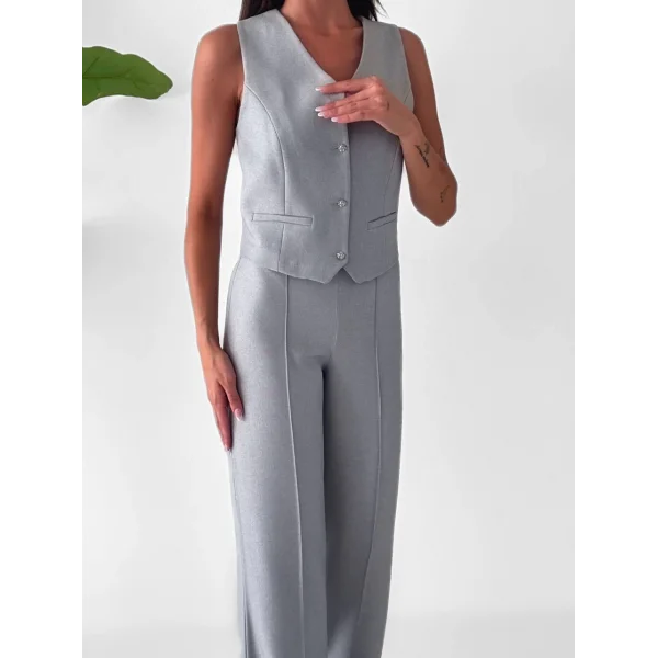 PREMİUM YÜN EFEKT KUMAŞ YELEK PANTOLON TAKIM GRİ