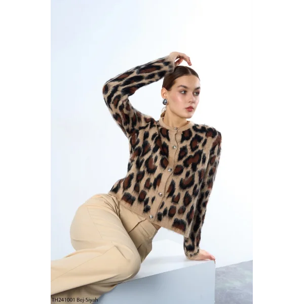 Şardonlu Leopar Desen Hırka - Bej-Siyah