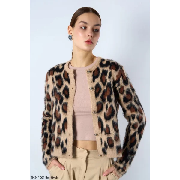 Şardonlu Leopar Desen Hırka - Bej-Siyah