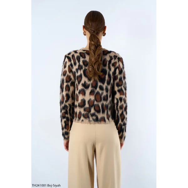 Şardonlu Leopar Desen Hırka - Bej-Siyah