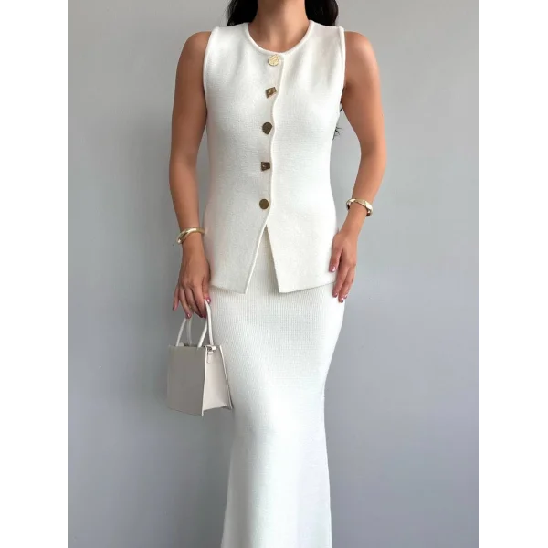 Myra Gold Düğmeli Yelek Etek Takım-Ekru