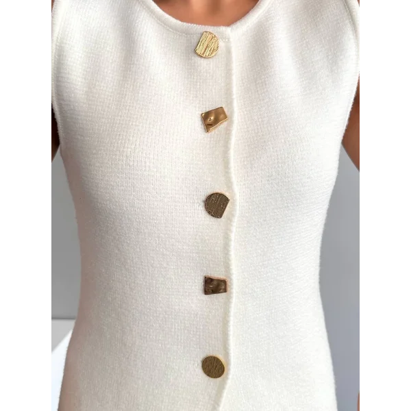 Myra Gold Düğmeli Yelek Etek Takım-Ekru