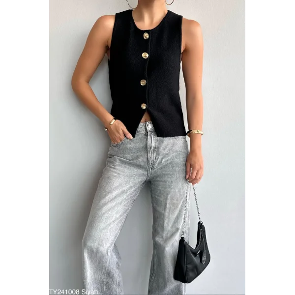 Gold Düğme Siyah Triko Yelek