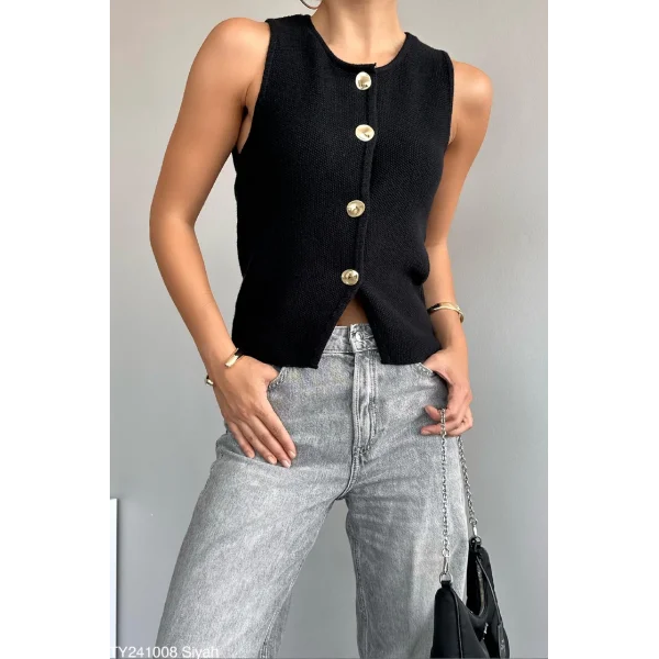 Gold Düğme Siyah Triko Yelek