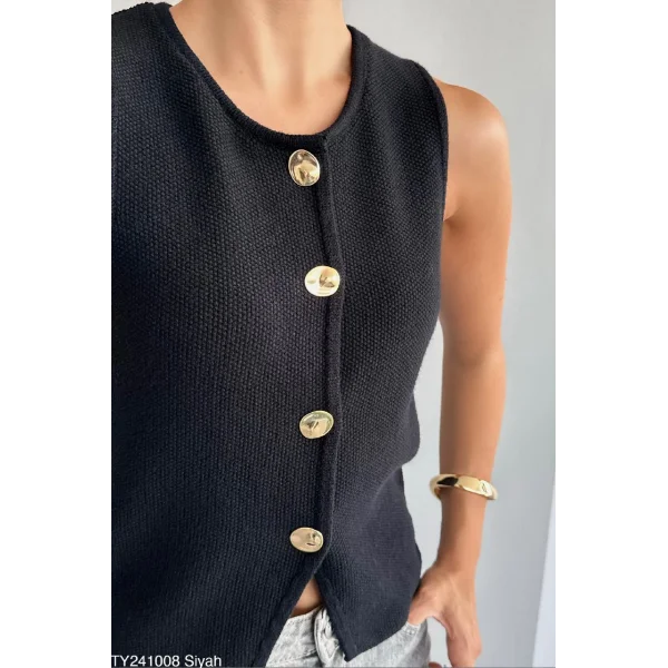 Gold Düğme Siyah Triko Yelek