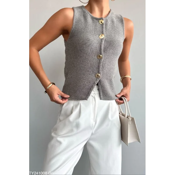Premium Gold Düğme Gri Triko Yelek
