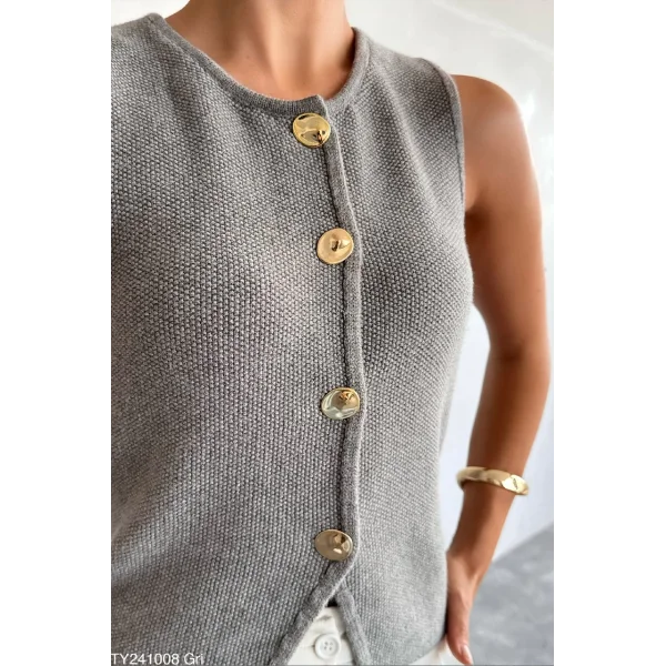 Premium Gold Düğme Gri Triko Yelek