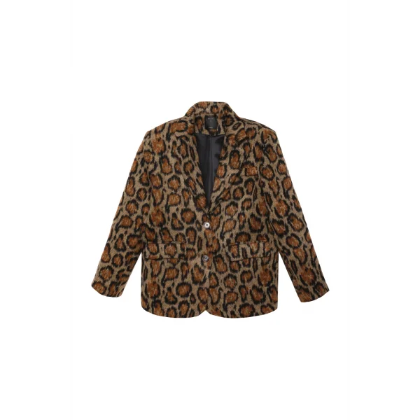 Leopar Desenli Kaşe Blazer Ceket Kahverengi