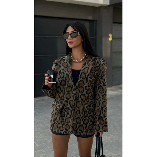 Leopar Desenli Kaşe Blazer Ceket Kahverengi