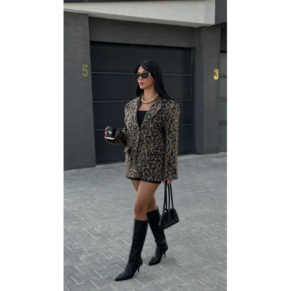 Leopar Desenli Kaşe Blazer Ceket Kahverengi