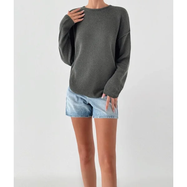 Dikiş Detay İnce Triko Kazak Haki