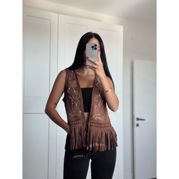 Taba Püskül Detaylı Süet Yelek