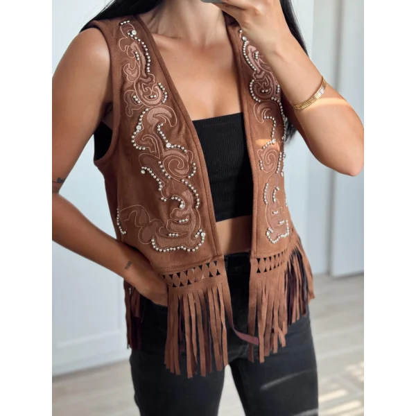 Taba Püskül Detaylı Süet Yelek