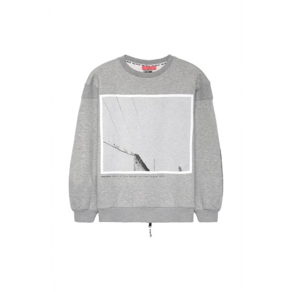 Sırtı Fermuar Detaylı Baskılı Sweatshirt Gri