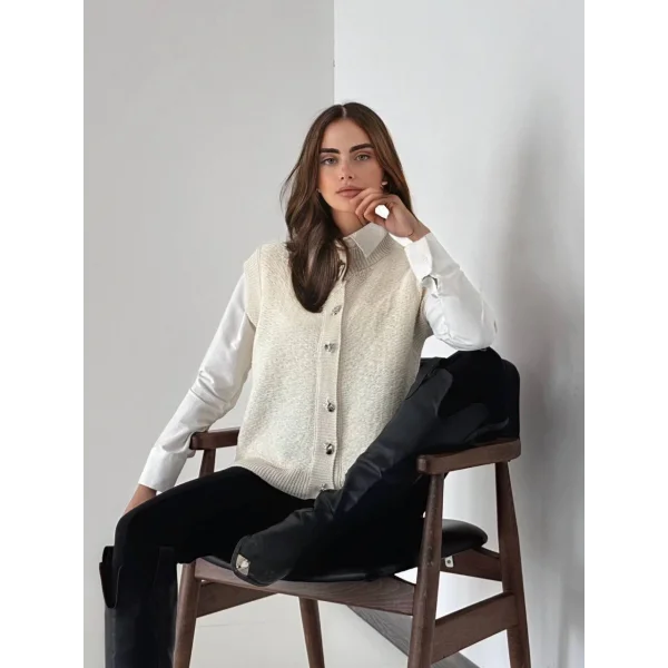 Düğme Detay Triko Yelek Ekru