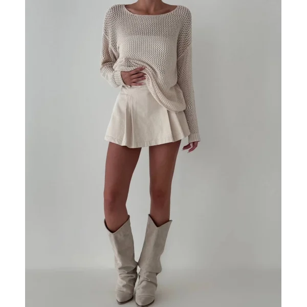 File Detay Uzun Kollu Krem Triko