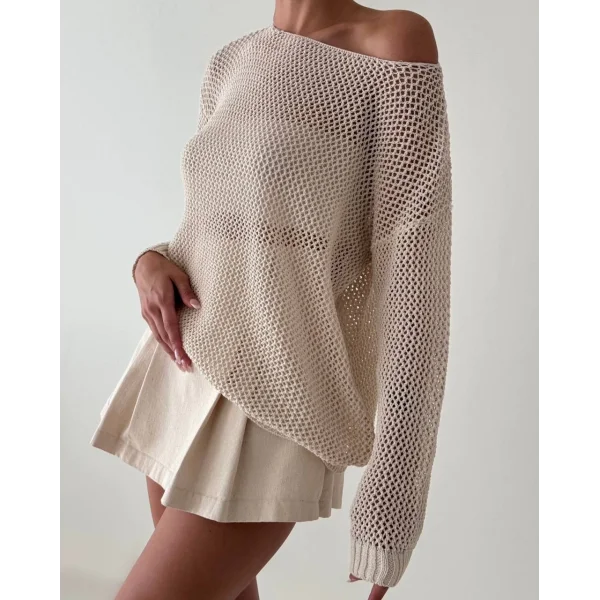 File Detay Uzun Kollu Krem Triko