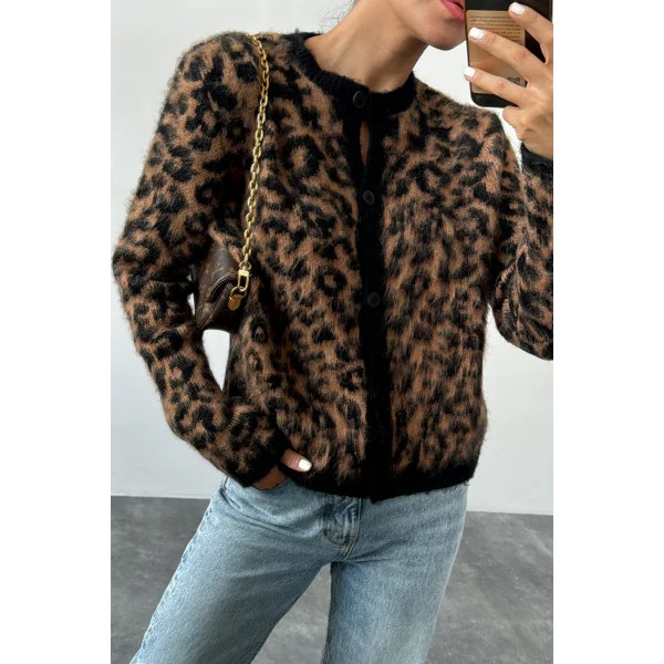 Bisiklet Yaka Kahverengi Leopar Desenli Hırka