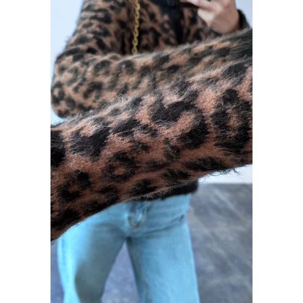 Bisiklet Yaka Kahverengi Leopar Desenli Hırka