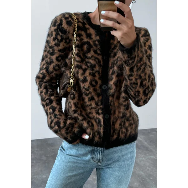 Bisiklet Yaka Kahverengi Leopar Desenli Hırka